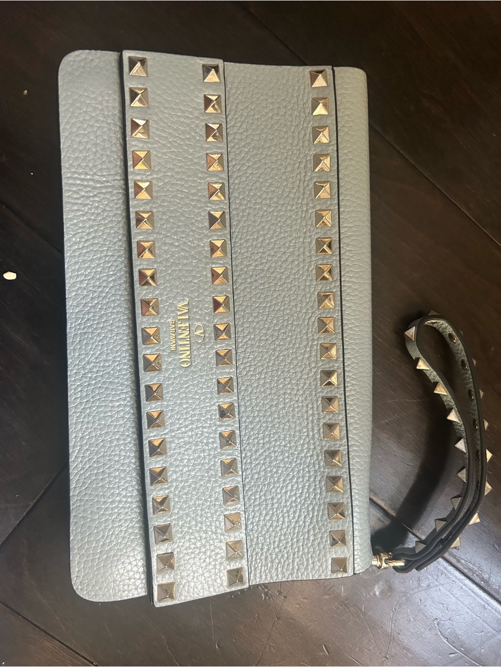 Gray Blue Leather Rockstud Wristlet Clutch with Studs